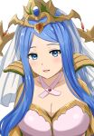  1girl 1girl absurd_res alluring big_breasts blue_eyes blue_hair blush cleavage collarbone commentary_request fire_emblem fire_emblem_engage high_res long_hair looking_at_viewer lumera_(fire_emblem) milf nintendo open_mouth parted_bangs patty_ojisan simple_background smile tiara upper_body white_background 