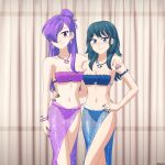 1girl 2_girls alluring alternate_costume bikini blue_bikini blue_eyes blue_swimsuit byleth_(fire_emblem) byleth_(fire_emblem)_(female) caren_(mermaid_melody_pichi_pichi_pitch) caren_(mermaid_melody_pichi_pichi_pitch)_(cosplay) cosplay crossover female_only fire_emblem fire_emblem:_three_houses fire_emblem_warriors:_three_hopes looking_at_viewer mermaid_melody_pichi_pichi_pitch nintendo noel_(mermaid_melody_pichi_pichi_pitch)_(cosplay) purple_bikini purple_eyes purple_hair purple_swimsuit riouku sarong see-through shell_bikini shez_(fire_emblem) shez_(fire_emblem)_(female) swimsuit teal_hair