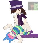  1girl 1nonbinary antennae antennaes_under_hood blocky_body caterpillar clown clown_girl female_nonbinary human human_on_anthro humanoid_bug leg_grab leg_lift lesbian_sex mach_(regretevator) pilby_(regretevator) purple_socks red_eyes regretevator roblox roblox_game small_breasts strap-on sweat tophat wincing yuri 