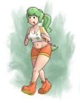  1female 1girl abstract_background backpack big_breasts breasts brown_eyes dinosaur_girl earrings female female_only front full_body genderswap green_hair green_tail huge_breasts light-skinned_female light_skin mario_(series) nintendo orange_shoes orange_shorts ponytail saf-404 saf_404 safartwoks safartworks tail thick_thighs tongue_out walking white_background yoshi 