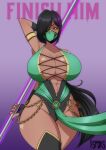  1girl alluring arms_behind_back athletic_female big_breasts black_hair dark-skinned_female dark_skin female_abs fit_female green_eyes ilustretsspoks jade_(mortal_kombat) midway_games mortal_kombat weapon 