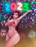 1girl 2023 big_breasts blue_eyes breasts brown_hair brunette earrings eyeshadow female_only fireworks fitness half-closed_eyes happy_new_year huge_breasts light-skinned_female light_skin lips lipstick long_hair mario_(series) microphone new_year new_year_2023 night nintendo pauline pauline_(mario) purple_eyebrows pussy red_bikini red_lipstick safartworks singing stockings thighs video_game_character video_games voluptuous