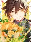 1boy close-up confetti flower genshin_impact gf_gnsn looking_at_viewer male male_only rose smile smiling smiling_at_viewer solo_focus solo_male streamers twitter yellow_flower yellow_rose zhongli_(genshin_impact)