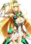  1girl alluring bare_shoulders big_breasts blonde_hair chest_jewel circlet cleavage cleavage_cutout closed_mouth clothing_cutout dress earrings elbow_gloves gloves glowing high_res jewelry long_hair mythra nintendo smile swept_bangs to_(tototo_tk) white_dress white_gloves xenoblade_(series) xenoblade_chronicles_2 yellow_eyes 