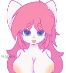  1girl anthro big_breasts blue_eyes cat_ears cat_girl fangs fur furry nipples pink_hair topless 