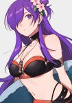  1girl 1girl 1girl alluring alternate_costume armband bare_shoulders bikini black_bikini black_choker black_swimsuit choker cleavage commentary female_only fire_emblem fire_emblem:_three_houses fire_emblem_heroes fire_emblem_warriors:_three_hopes flower grey_background hair_flower hair_ornament hibiscus high_res long_hair looking_at_viewer medium_breasts navel nintendo official_alternate_costume peach11_01 pink_flower purple_eyes purple_hair shez_(fire_emblem) shez_(fire_emblem)_(female) simple_background stomach swimsuit upper_body very_long_hair 