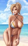 1girl artist_name ass_visible_through_thighs beach big_breasts bikini blonde_hair breasts cleavage cropped_legs daytime deviantart_username female_focus female_only flowerxl hands_on_thighs large_breasts legs_together looking_at_viewer mercy_(overwatch) navel overwatch ponytail seductive_look standing thick_thighs thigh_gap thighs video_game_character white_bikini