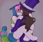  1girl 1nonbinary antennaes_under_hood anthro anthro/human blue_hood bug carrying_partner caterpillar clown clown_girl dominant_female exotic_hub_(artist) female_nonbinary humanoid_bug mach_(regretevator) multicolored_body multicolored_tail nonbinary_(lore) pilby_(regretevator) pink_hair regretevator roblox robloxian strap-on tophat 