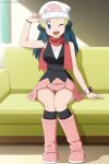  1girl alluring blue_eyes blue_hair clothed couch dawn dawn_(pokemon) hat koikoi_(artist) nintendo on_couch pokemon_(anime) pokemon_dppt pokemon_dppt_(anime) scarf shirt shoes skirt socks wash wink 