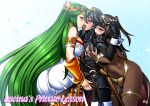  3_girls alluring armlet ass bare_shoulders black_eyes black_gloves black_hair blue_eyes blue_hair blush bodysuit bracelet breast_grab bridal_gauntlets cape crossover female_only fingerless_gloves fire_emblem fire_emblem_awakening girl_sandwich gloves goddess gradient_background green_eyes green_hair human jadenkaiba jewelry kid_icarus kid_icarus_uprising licking long_hair lucina lucina&#039;s_private_lesson lucina_(fire_emblem) medium_breasts multiple_girls palutena saliva saliva_trail sandwiched tharja tharja_(fire_emblem) tiara tongue two_side_up very_long_hair yuri 