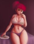  1female 1girl bare_legs bare_thighs belly cartoon_network cleavage cookie eating female_focus female_only foster&#039;s_home_for_imaginary_friends frankie_foster looking_at_viewer no_pants older older_female panties ponytail purple_panties red_background red_eyes red_hair saf-404 safartwoks safartworks sitting sitting_on_bed thick_thighs thin_waist under_boob underwear voluptuous wide_hips young_adult young_adult_female young_adult_woman 