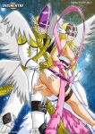 1_boy 1_girl 1boy 1girl angel angewomon ass ass_grab bare_legs bent_over blonde blonde_hair breasts breasts_out breasts_outside character_name clenched_teeth clothed_sex couple cum digimon from_behind happy happy_sex head_wings headpiece helmet legband legs long_hair monster_girl multiple_wings nipples penis pussy sex shiny shiny_skin sideboob smile teeth wings