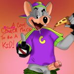 backwards_hat big_penis blue_eyes blush chuck_e._cheese chuck_e._cheese's_pizzeria clothed_sex cute fanart green_shorts grey_fur ibispaintx mouse pizza purple_shirt rat rodent showbiz_pizza