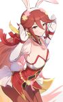 1girl absurd_res alluring animal_ears blush cleavage collarbone cordelia_(fire_emblem) cordelia_(spring)_(fire_emblem) cowboy_shot fake_animal_ears fake_tail fire_emblem fire_emblem_awakening fire_emblem_heroes flower gloves gonzarez hair_flower hair_ornament hands_up high_res jewelry leotard long_hair looking_at_viewer medium_breasts milf necklace nintendo pantyhose playboy_bunny puffy_short_sleeves puffy_sleeves rabbit_ears rabbit_tail red_eyes red_hair red_leotard red_pantyhose scarf short_sleeves simple_background smile strapless strapless_leotard tail very_long_hair white_background white_gloves wrist_cuffs yellow_scarf