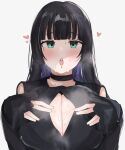  1girl absurd_res big_breasts black_choker black_dress black_hair blunt_bangs blush bocchi_the_rock! breasts chin_piercing choker cleavage cleavage_cutout clothing_cutout colored_inner_hair dress goth_fashion green_eyes heart high_res hime_cut long_hair long_sleeves ltiki multicolored_hair off_shoulder pa-san paizuri_invitation piercing purple_hair simple_background sweat 