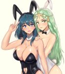 2_girls absurd_res alluring alternate_costume animal_ears big_breasts black_bow black_bowtie black_leotard blue_eyes blush bow bowtie bunny_ears bunny_girl bunnysuit byleth_(female)_(fire_emblem) byleth_(fire_emblem) byleth_(fire_emblem)_(female) cleavage collarbone fake_animal_ears fake_tail female_only fire_emblem fire_emblem:_three_houses green_eyes green_hair hairband hand_on_another's_shoulder high_res leotard long_hair looking_at_viewer mali-sa medium_breasts medium_hair multiple_girls nintendo open_mouth parted_lips playboy_bunny rabbit_ears rabbit_tail rhea_(fire_emblem) simple_background smile tail teal_hair v white_background white_leotard