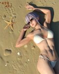  1girl alluring athletic_female bare_legs barefoot beach bikini blue_eyes cleavage dead_or_alive dead_or_alive_xtreme dead_or_alive_xtreme_2 dead_or_alive_xtreme_3 dead_or_alive_xtreme_3_fortune dead_or_alive_xtreme_beach_volleyball dead_or_alive_xtreme_venus_vacation female_abs fiona_(doa) fit_female lavender_hair medium_breasts nevec ocean pin_up starfish tecmo 