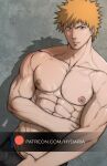  1boy abs athletic_male bara black_male_underwear bleach bulge cowboy_shot fit_male hydaria kurosaki_ichigo looking_at_viewer male male_focus male_only male_underwear male_underwear_pull nipples orange_hair paid_reward_available pectorals pulled_by_self seductive_smile short_hair smile solo_male spiked_hair stomach topless topless_male underwear 