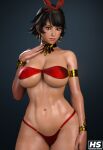 1girl 3d abs alluring athletic_female big_breasts bikini bracelet brown_eyes cleavage dark-skinned_female dark_skin earrings female_abs female_only fit_female hagiwara_studio josie_rizal medium_hair namco pinup swimsuit tekken thick_ass thick_thighs wide_hips