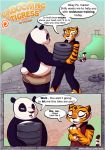 comic english_text full_body furry kung_fu_panda master_tigress open_mouth po pose shorts speech_bubble standing sucking tail text white_fur