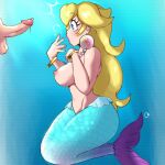  1:1 1boy 1girl alternate_species areola balls big_breasts blonde_hair blue_background blue_body blue_eyes blue_scales blush bodily_fluids bracelet breasts eyelashes female gem genital_fluids genitals hair human humanoid jewelry mammal marine mario_(series) mario_bros merfolk mermaid mermaid_peach navel necklace nintendo nipples nude open_mouth pearl_(gem) pearl_necklace penis pink_areola pink_nipples precum princess_peach princess_peach:_showtime! scales side_view simple_background split_form tan_body tan_skin theprincesskari thick_thighs underwater water wide_hips 