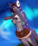  1girl anthro areola belly breasts canine clothed clothing flashing furry glowing_eyes hair half-closed_eyes hybrid long_hair looking_at_viewer mammal navel nipples outside rayka_(artist) shirt_lift shorts smile standing vest yellow_eyes 