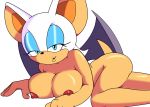  1girl animal_ears apostle_(artist) areolae ass bat big_breasts blue_eyes breasts eyelashes eyeshadow female furry large_breasts lying makeup mammal naughty_face nipples nude oekaki rouge_the_bat sega simple_background sonic_(series) tail white_background wings 