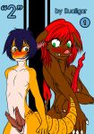 1boy 1girl anthro blue_hair blush breasts duallgar furry gecko green_eyes intersex lizard long_penis mammal multiple_penises nipples nude red_hair reptile tail wild_boar