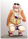 1girl azasuke_wind censored cleanup closed_eyes feet female hair long_hair macross macross_frontier panties panty_pull pink_hair pubic_hair pussy sandals sheryl_nome solo squatting sunglasses tiptoes toes underwear wiping