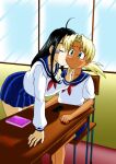 2_girls blonde_hair blush closed_eyes cute dark-skinned_female dark_hair dark_skin green_eyes kaolla_su kissing love_hina oh_my_goddess! palcomix schoolgirl_uniform skirt skuld