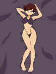  1girl armpits barefoot big_breasts bikini blue_eyes brown_hair fair_skin freckles grin hourglass_figure laying_down looking_at_viewer luna_loud navel nickelodeon on_bed short_hair the_loud_house 