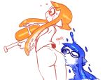  2girls ass blue_eyes blue_hair blush bottomless domino_mask inkling kiss long_hair mask multiple_girls nintendo noill nude one_eye_closed onomatopoeia orange_eyes orange_hair pointy_ears slime splatoon super_soaker tentacle_hair twintails yuri 