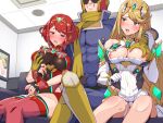  1girl 2_girls areola areola_slip big_breasts blonde_hair blush boris_(noborhys) breast_grab breasts captain_falcon cleavage curvy earrings elbow_gloves f-zero fingerless_gloves gloves hips indoors leotard light-skinned_female light_skin long_hair male mythra nintendo nipples panties pyra_(xenoblade) red_eyes red_hair short_hair stockings super_smash_bros. sweat thighs tiara xenoblade_(series) xenoblade_chronicles_2 yellow_eyes zettai_ryouiki 