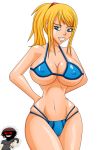  1girl 2piece big_breasts bikini blonde_hair blue_bikini blue_clothes blue_eyes breasts female hetero long_hair metroid nintendo nipples nipples_through_clothes ponytail samus_aran shiny shiny_skin solo war-off-evil 