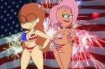  2_girls 4th_of_july a_kind_of_magic american_flag_bikini aqua_eyes ass atomickingboo big_ass big_breasts bikini blush breasts cleavage crossover emma emma_(lou!) fairy female_only fireworks hair long_hair lou! milf multiple_girls shiny shiny_skin smile wide_hips willow willow_(a_kind_of_magic) 