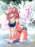  barefoot bikini_top breasts female full_body ghost hat nature outdoors pink_eyes pink_hair saigyouji_yuyuko short_shorts shorts solo swimsuit touhou tsuki_hana 