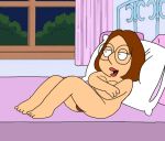  1girl bed brown_hair crossed_arms curtains family_guy glasses hair hot4meg indoors meg_griffin night nude on_bed pillow pussy sister sky solo toes 