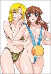 2_girls 2girls alluring ball bikini blonde_hair blue_eyes breasts brown_hair dead_or_alive female female_only hitomi hitomi_(doa) human large_breasts multiple_females rudoni sling_bikini smile swimsuit tecmo tina_armstrong yuri