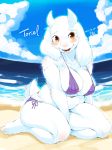 1girl 2017 anthro barefoot bikini breasts caprine clothing fur furry goat horn kame_3 long_ears looking_at_viewer mammal smile swimsuit toriel undertale video_games white_fur