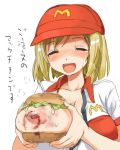  1girl areola areolae big_breasts bite_mark blonde_hair blood blue_eyes blush bread breast_grab breast_hold breast_slip breasts breasts_outside bruise cleavage closed_eyes collarbone erect_nipples fast_food_uniform food fruit grabbing grin hair hair_bun hamburger hands happy hat headgear large_areolae large_breasts lettuce mayonnaise naughty_grin nipples one_breast_out open_clothes open_mouth open_shirt orange_hair photoshop screencap shirt short_hair smile solo stream sweat tears teeth text translation_request unbuttoned_shirt uniform what 