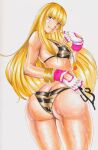  1girl alluring ass bandages bikini blonde_hair brown_eyes butt_crack emilie_de_rochefort fingerless_gloves gloves long_hair looking_back namco octavius_dp swimsuit tekken tekken_5_dark_resurrection tekken_7 tekken_tag_tournament_2 wet 