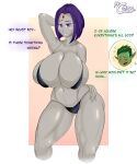 1boy 1girl beast_boy bikini black_bikini black_swimsuit blushed breast_squeeze chibi cute dc_comics huge_breasts looking_at_viewer mr.coco muscular muscular_female posing raven_(dc) swimsuit teen_titans thick_thighs tight_clothing tight_fit wide_hips