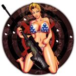 1girl 4th_of_july american_flag_bikini bikini blue_eyes breasts cleavage cordelia_starling gun lollipop_chainsaw multicolored_hair shiny shiny_skin short_hair solo weapon