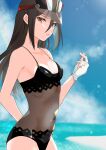  1girl alluring beach black_hair black_one-piece_swimsuit black_swimsuit breasts brown_eyes clouds covered_navel female_only fingerless_gloves gloves hat light-skinned_female light_skin long_hair looking_at_viewer milestone_post morag_ladair nayuta-kanata nintendo ocean official_alternate_costume one-piece_swimsuit outside see-through sky small_breasts swimsuit visor_cap water xenoblade_(series) xenoblade_chronicles_2 