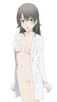  1girl alluring black_hair breasts coro_fae grey_eyes lab_coat_only naked_from_the_waist_down pussy shizuka_hiratsuka yahari_ore_no_seishun_lovecome_wa_machigatteiru. 