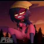 1female 1girl demon demon_girl female_focus female_only fkim fkimnsfw helluva_boss imp millerd_(helluva_boss) millie_(helluva_boss) no_bra no_panties red_body red_skin tomboy visible_nipples visible_pussy vivienne_medrano vivzmind yellow_sclera