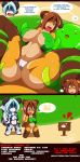 2014 anthro big_breasts blush breasts brown_hair canine comic english_text eyewear feline female fox glasses green_eyes hair long_hair mammal minina_(tiger1001) shari_(tiger1001) slime spread_legs spreading teeth tentacle text tiger tiger1001 underwear