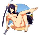 1girl alternate_version_available anus areola artist_signature ass beach black_hair black_nails blue_eyes choker feet female_only kill_la_kill kiryuuin_satsuki long_hair looking_at_viewer nipples nude pinup pussy solo_female squeezable sword