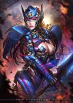 armor big_breasts blue_eyes breasts cleavage cleavage_cutout convoy cosplay cowboy_shot drawing explosion genderswap genderswap_(mtf) gotgituey highres humanized large_breasts mecha_musume neoartcore nudtawut_thongmai optimus_prime rule63 scratches skimpy_outfit smoke solo sparks sword transformers watermark weapon web_address