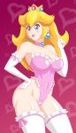 big_breasts blonde_hair blue_eyes bluebullpen breasts cleavage leotard princess_peach super_mario_bros.